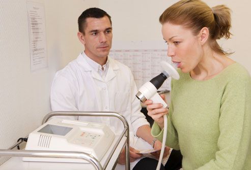 Woman Using A Spirometer