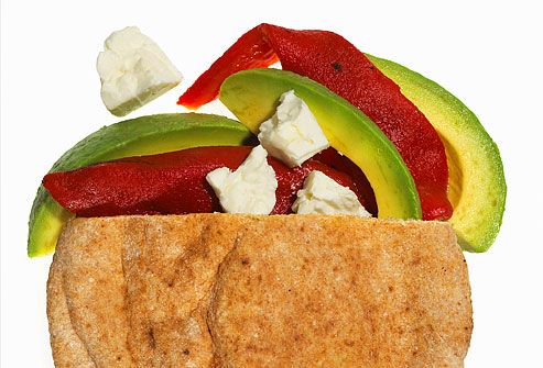 Wheat pita filled with peppers, avocado, and feta 