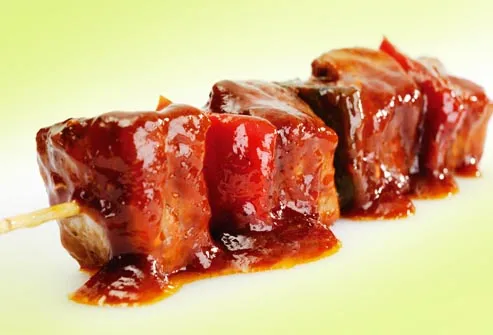 marinated meat on a skewer