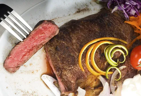 Rare steak and vegetables