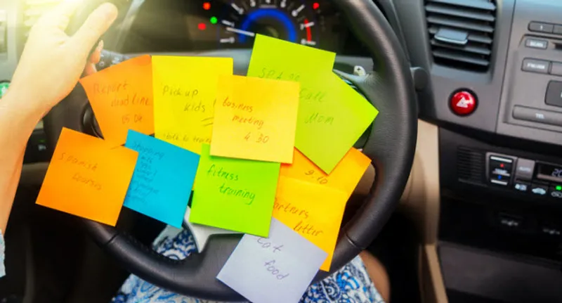 steering wheel with sticky notes
