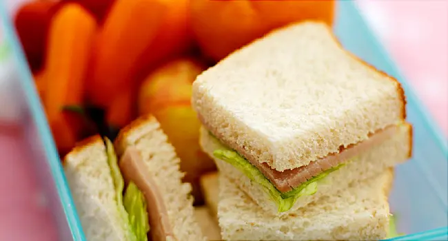Sandwiches, fruit and vegetables in lunch box