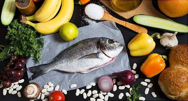 spread of fish vegetable and fruit