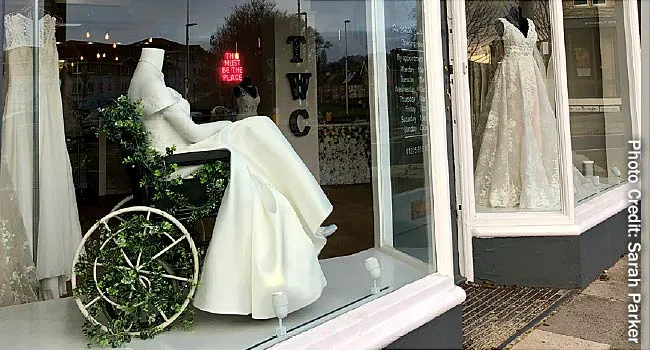 photo of wedding dress in wheelchair