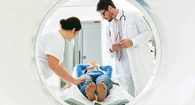doctor nurse and patient at ct scan tomography