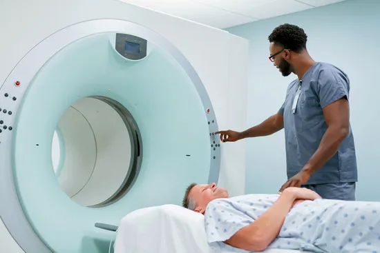 photo of patient preparing for MRI scan