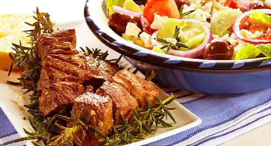 lamb kebabs and greek salad