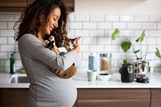 photo of pregnant woman holding cat