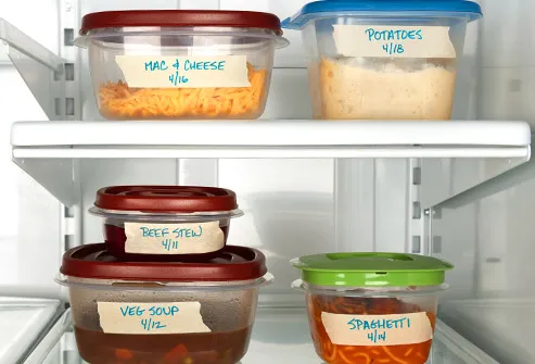 labeled foods in refrigerator