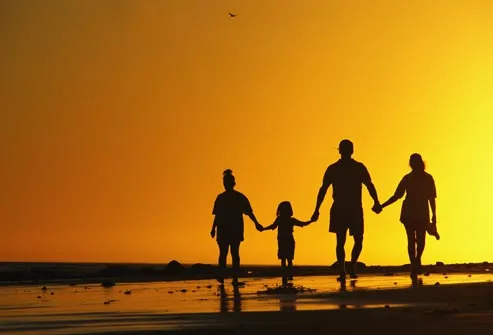 family holding hands on beach