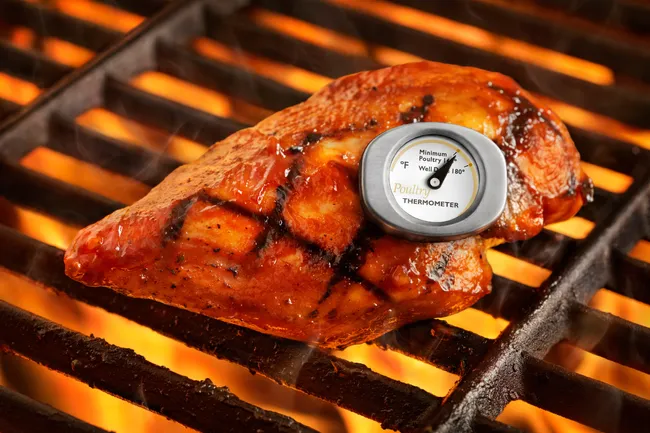 photo of thermometer in grilled chicken breast