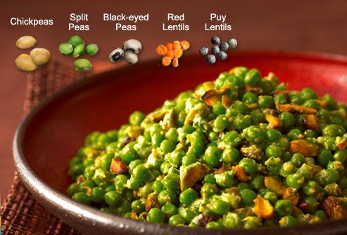 Green peas in a red wooden bowl