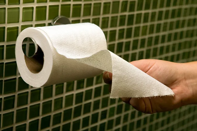 photo of hand reaching for toilet paper