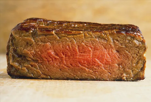 Slab of medium-rare steak, close up