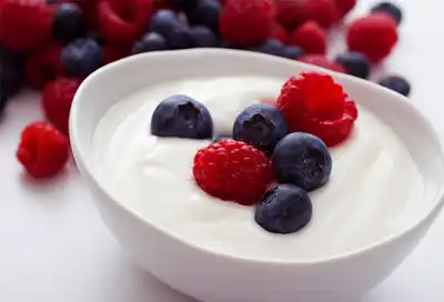 Bowl of yogurt topped with berries