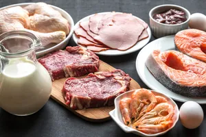 photo of fish, meat, eggs and milk