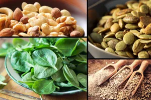 photo of nuts, seeds, grains and greens montage
