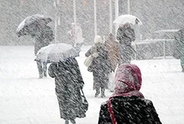 snow falling on pedestrians