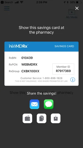 Screenshot of the WebMDRx App