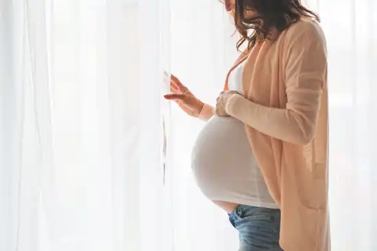 pregnant woman looks out window