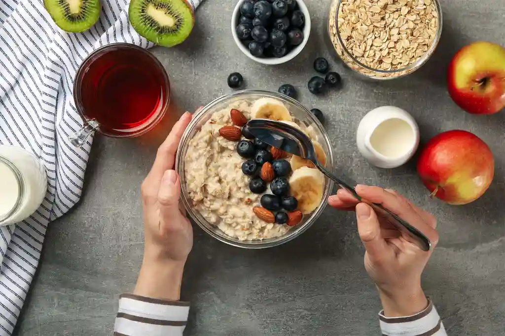photo of bowl of oatmeal on gray background