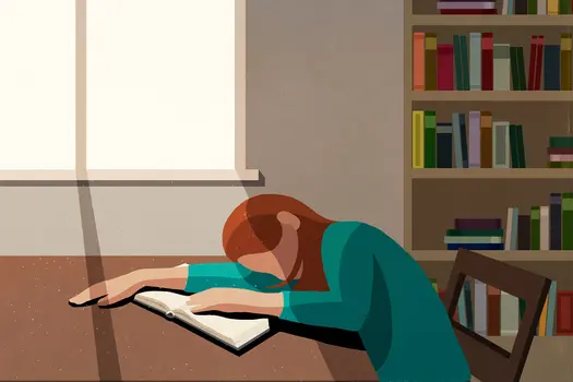 photo of college student sleeping in library illus